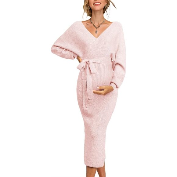 Maternity Nursing Dress Sweater Long Sleeve V-Neck Solid for Women - Picture 1 of 6